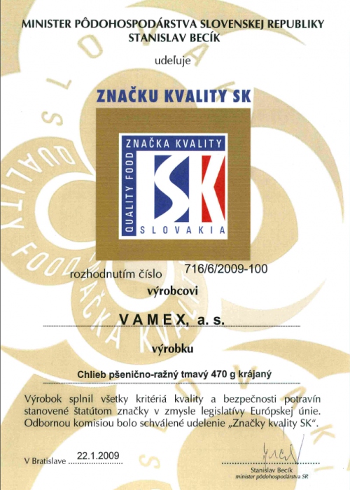 2009 - Značka kvality SK - Chlieb pšenično-ražný tmavý - krájaný - VAMEX, a.s. Košice