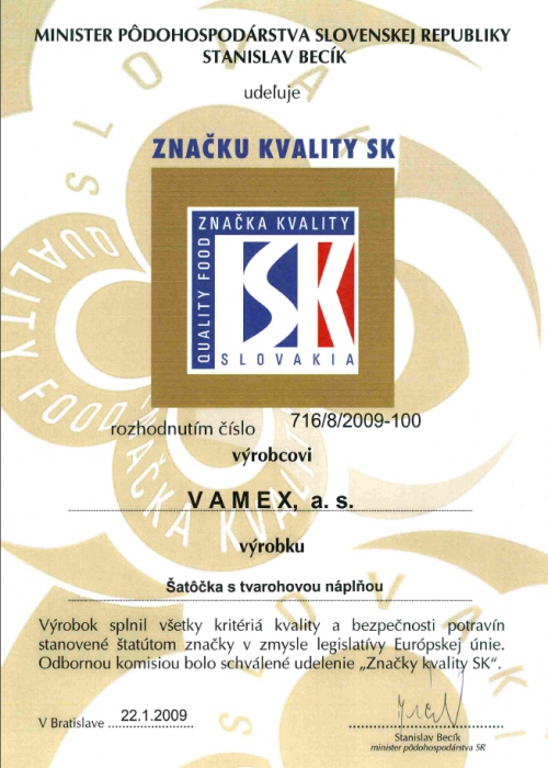 2009 - Značka kvality SK - Šatôčka s tvarohovou nápňou - VAMEX, a.s. Košice