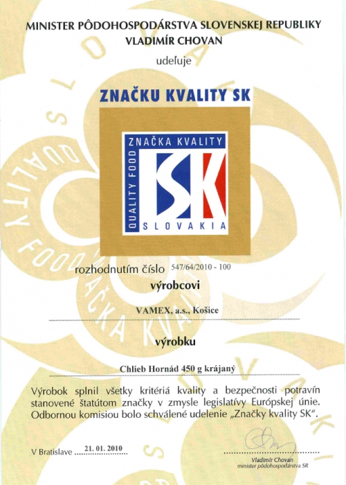 2010 - Značka kvality SK - Chlieb Hornád - krájaný - VAMEX, a.s. Košice
