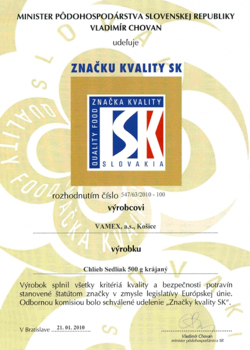 2010 - Značka kvality SK - Chlieb Sedliak - krájaný - VAMEX, a.s. Košice