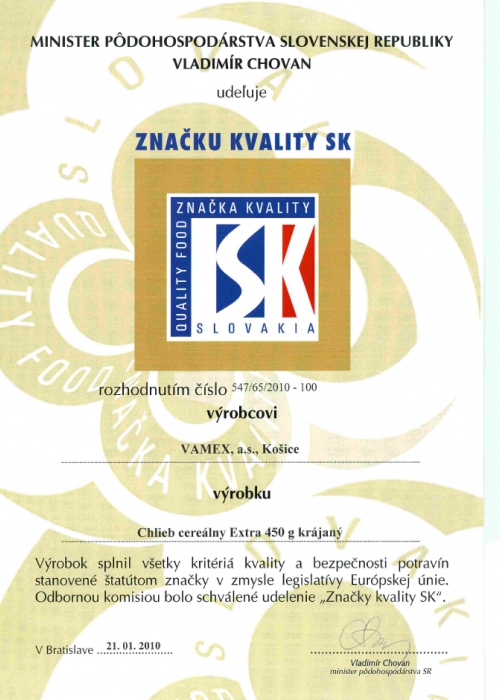 2010 - Značka kvality SK - Chlieb cereálny EXTRA - krájaný - VAMEX, a.s. Košice