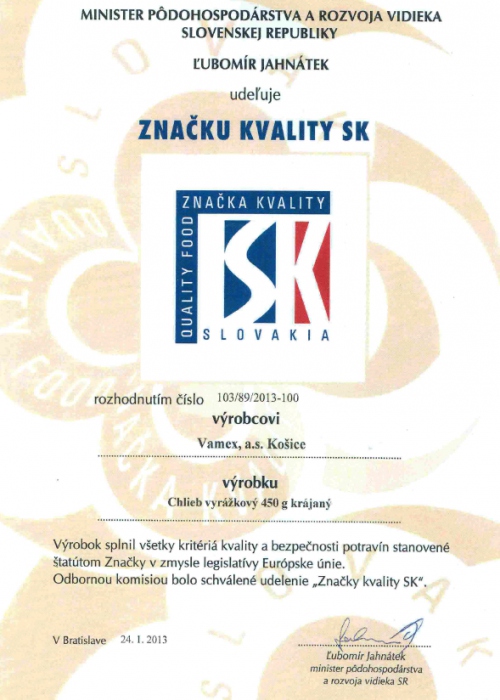 2013 - Značka kvality SK - Chlieb vyrážkový - krájaný - VAMEX, a.s. Košice