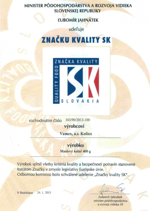 2013 - Značka kvality SK - Maslový koláč - VAMEX, a.s. Košice
