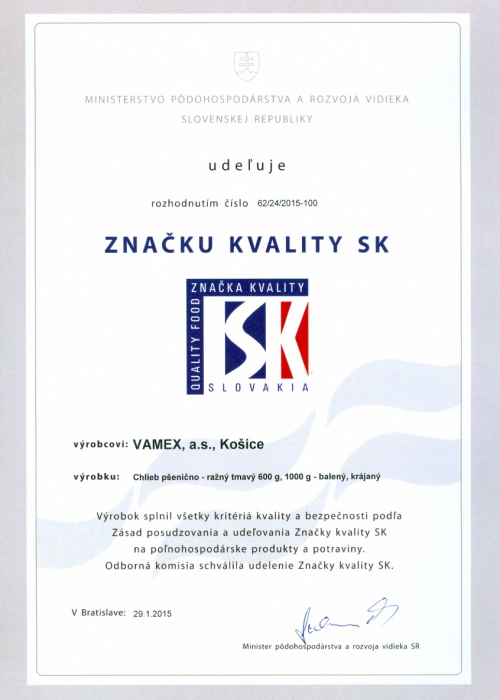 2015 - Značka kvality SK - Chlieb pšenično - ražný tmavý - balený krájaný - VAMEX, a.s. Košice