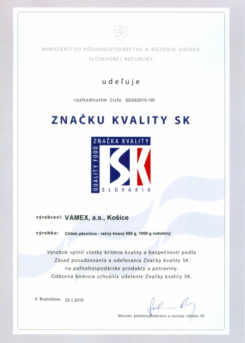 2015 - Značka kvality SK - Chlieb pšenično - ražný tmavý - nebalený - VAMEX, a.s. Košice