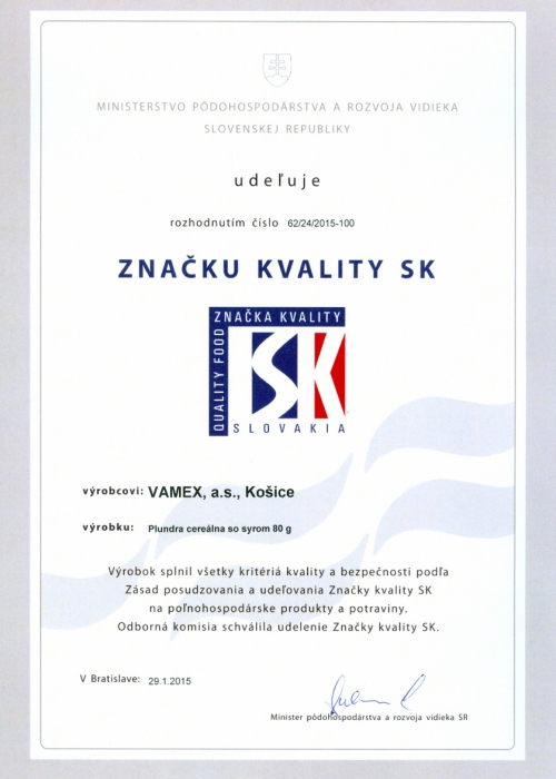2015 - Značka kvality SK - Pľundra cereálna so syrom - VAMEX, a.s. Košice