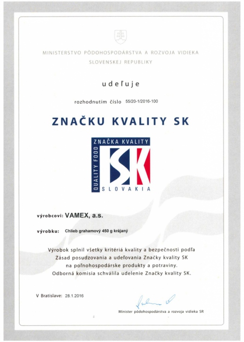 2016 - Značka kvality SK - Chlieb grahamový - krájaný - VAMEX, a.s. Košice