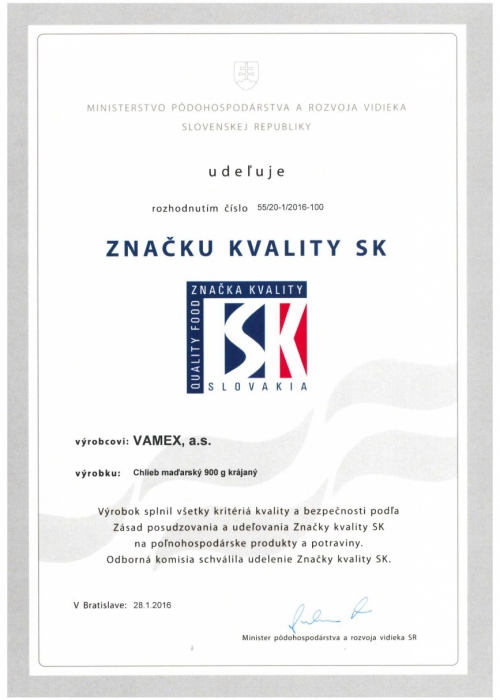 2016 - Značka kvality SK - Chlieb maďarský - krájaný - VAMEX, a.s. Košice