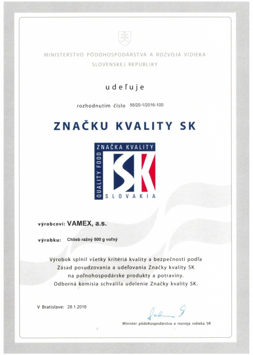 2016 - Značka kvality SK - Chlieb ražný - voľný - VAMEX, a.s. Košice