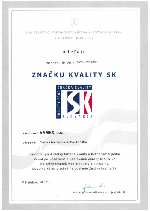 2016 - Značka kvality SK - Duetka s tvarohovou náplňou - VAMEX, a.s. Košice