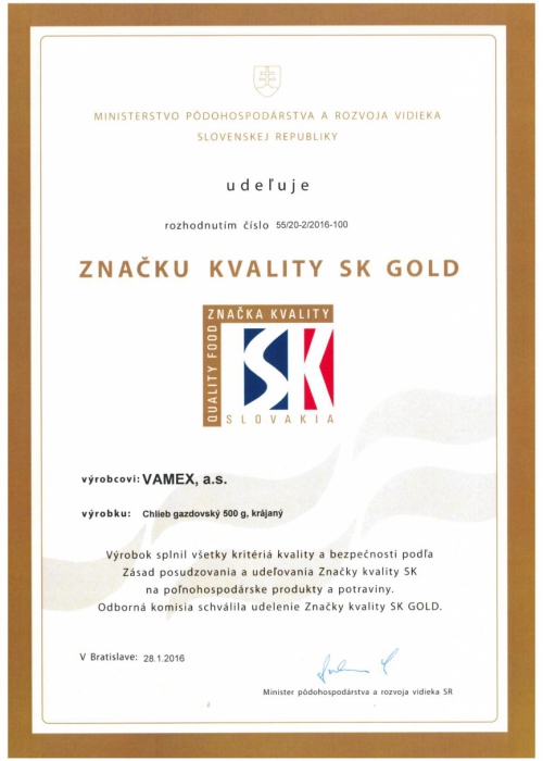 2016 - Značka kvality SK GOLD - Chlieb gazdovský krájaný - VAMEX, a.s. Košice