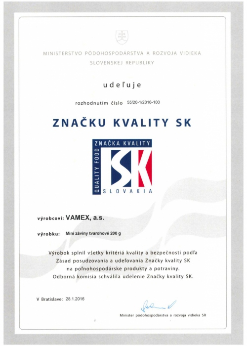 2016 - Značka kvality SK - Mini záviny tvarohové - VAMEX, a.s. Košice