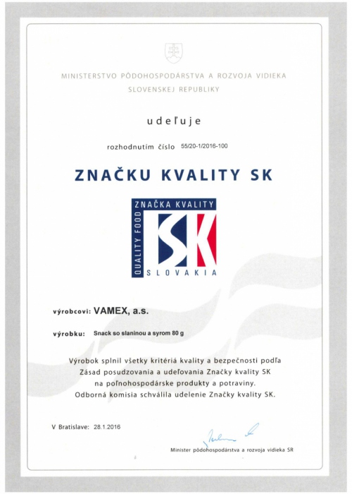 2016 - Značka kvality SK - Snack so slaninou a syrom - VAMEX, a.s. Košice