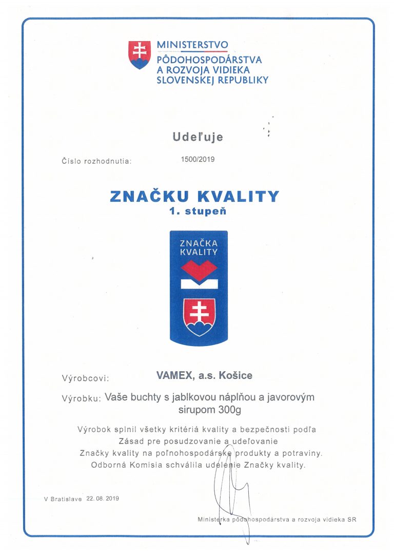 2019 - Značka kvality SK 1. stupeň - Vaše buchty s jablkovou náplňou a javorovým sirupom - VAMEX, a.s. Košice