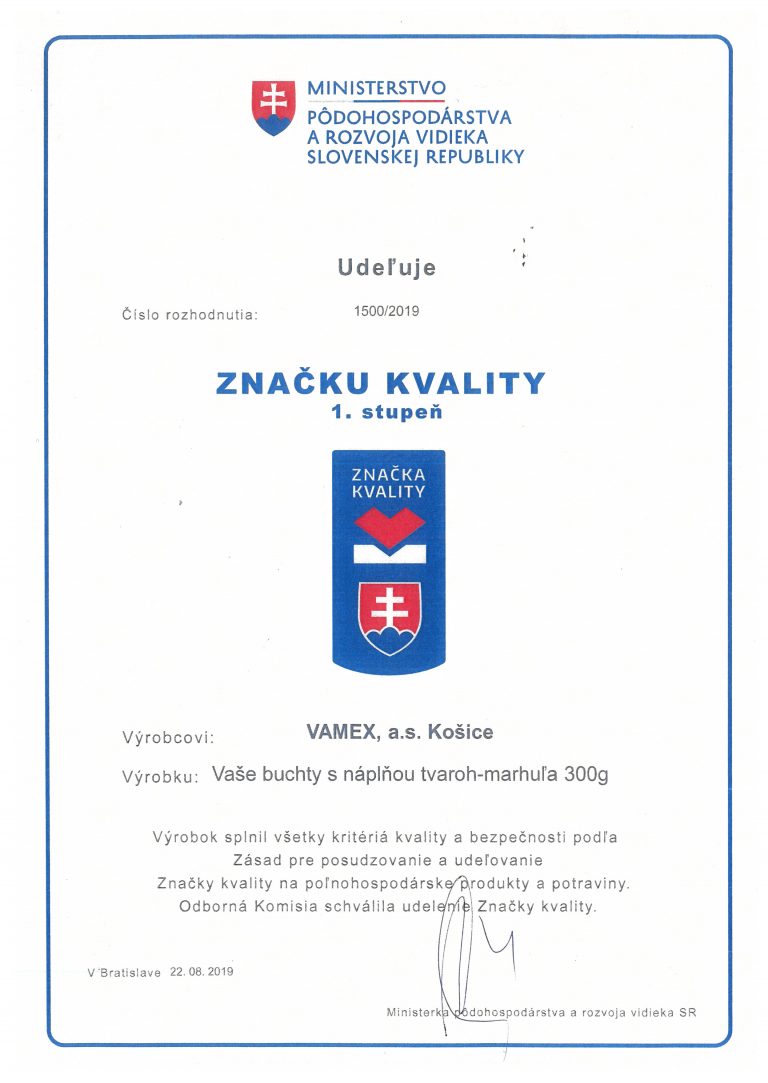 2019 - Značka kvality SK 1. stupeň - Vaše buchty s náplňou tvaroh-marhuľa - VAMEX, a.s. Košice